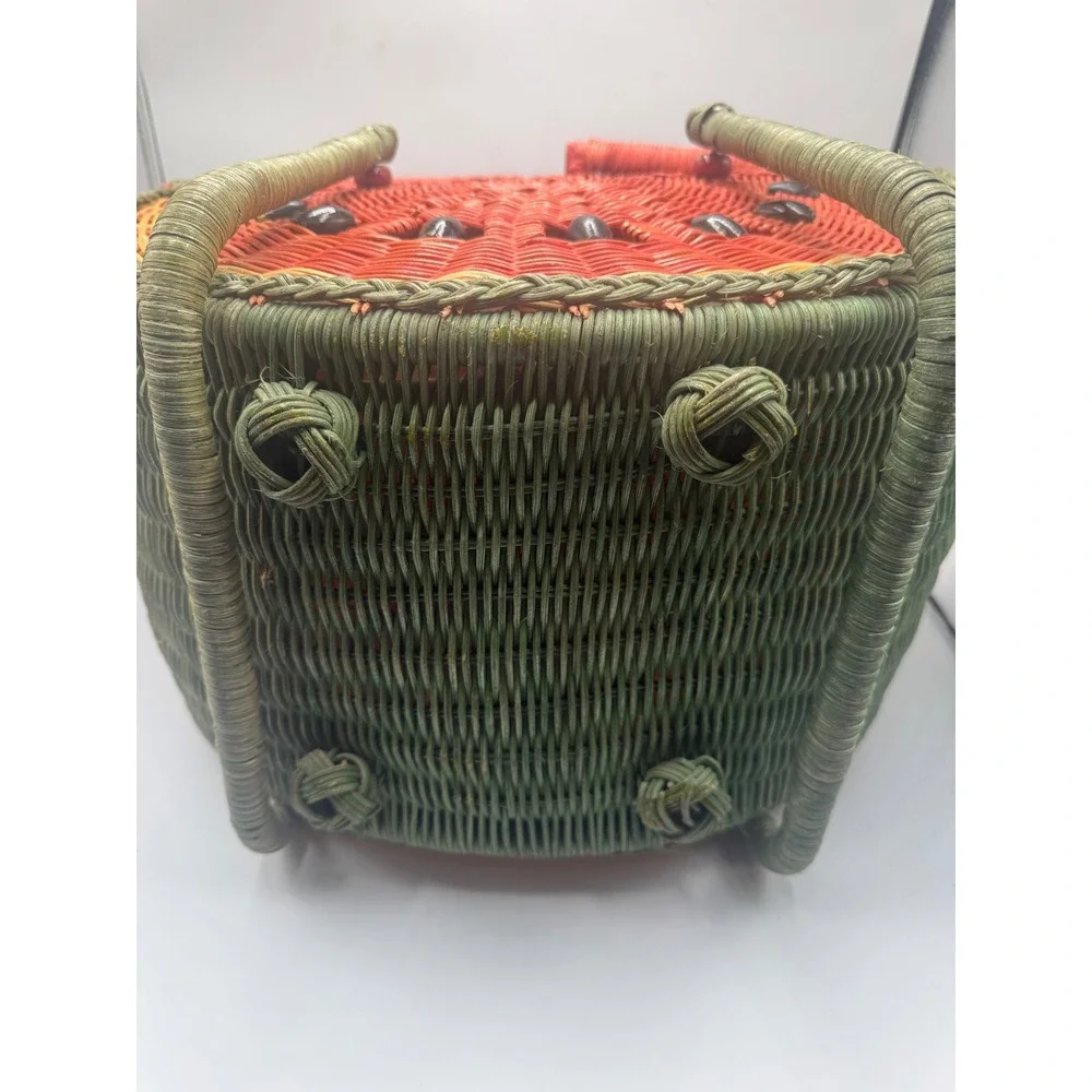 Vintage Wicker Watermelon Picnic Basket Fruit Print Lining Summer Tote Bag